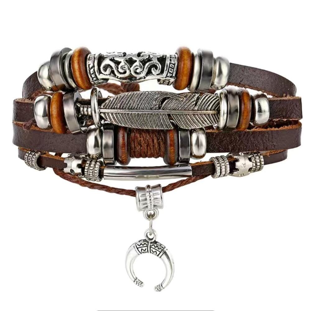 Moon Feather Multilayer Leather Bracelet Silver Tone Adjustable Punk Bohemian